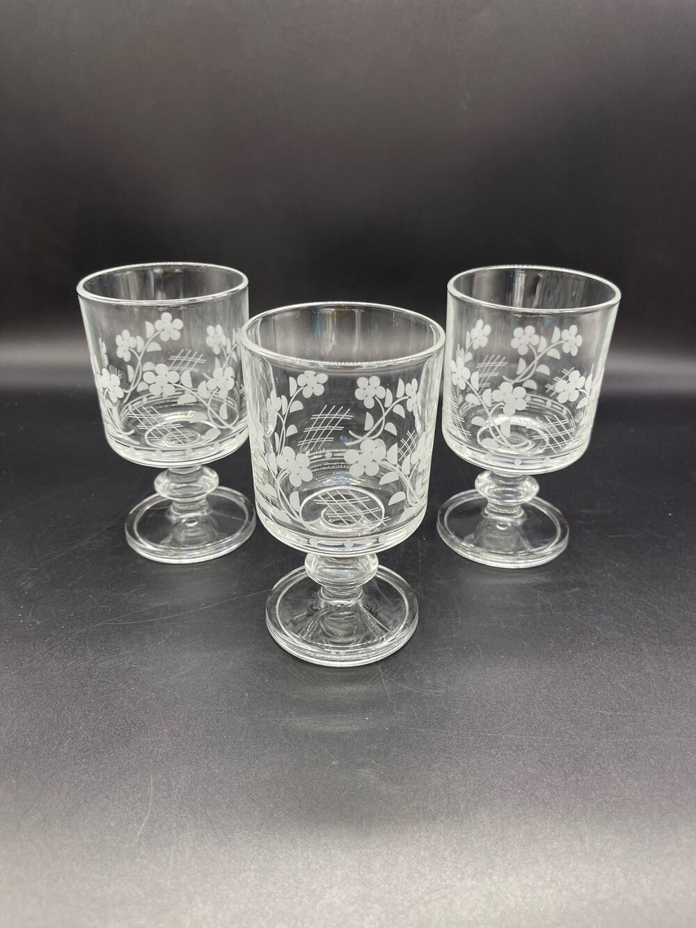 Italian Floral Pedestal Stemmed Etched Crystal Set of 3 Wine Glasses 4.75"